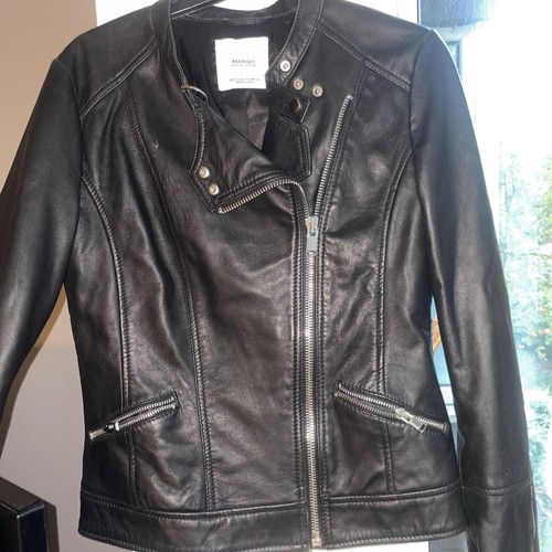 Ladies black leather biker - black,