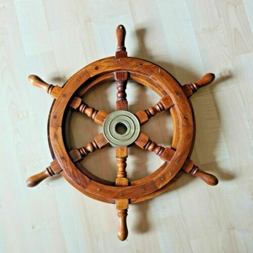 Vintage wood brass ship wheel - brass,