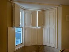 Solid white shutters for bay window, excellent condition, TWO SETS available.
