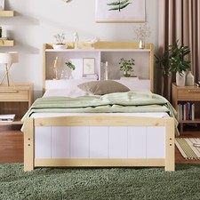 3FT Single Bed Frame with Headboard Storage Shelf Wooden 90 x 190 cm Daybed