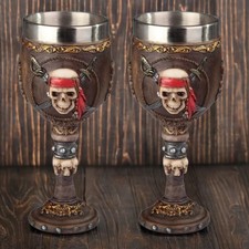 2-PC Gift Set 7"H Medieval Pirate Skull Goblet Wine Cup Skeleton Party Cup