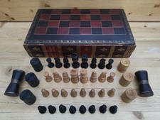 Antique Book Style Leather Bound Chess & Backgammon  Board With Boxwood Pieces 