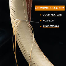 Car Steering Wheel Cover Cowhide Leather Breathable Anti-slip DIY Beige 38cm 15"