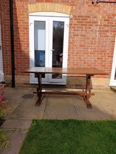 Oak Wooden Refectory Dining Table and 6 Chairs Set.