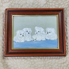 Lauri Best "Where's Mum" 1991 Vintage Framed Art Maltese/Bichon Puppy Dogs W&P