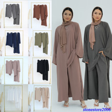 3PCS Dubai Kimono Cardigan Tops Pants Set Muslim Women Abaya Dress Islam Kaftan