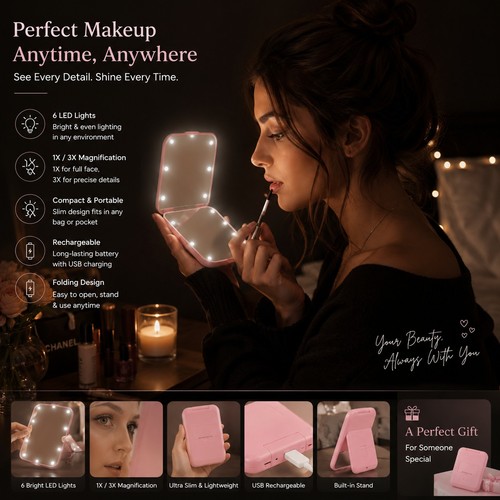 Pink led folding portable - pink,