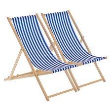 2x Folding Wooden Deck Chairs Traditional Folding Garden Beach 106cm Blue