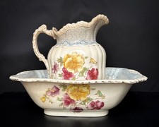 Large floral Victorian wash jug & bowl, 'Carnation' by S Bridgwood, mid 1800s