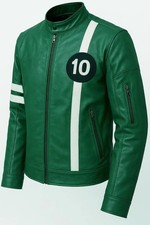 Ben 10 Cosplay Jacket | Green Leather Biker Jacket with White Stripes | Men’s Re