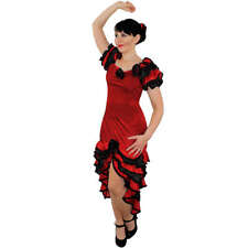 LADIES RED RUMBA SPANISH COSTUME AND FLOWER HEADPIECE FLAMENCO FANCY DRESS