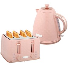 Pink Kettle 4 Slice Toaster Set Honeycomb Relief Rose Gold Rim LED 1.7L Electric