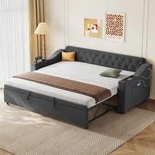 Day Bed Upholstered 3ft Single Linen Sofa Bed with Trundle Bed 90x190/180x190 cm