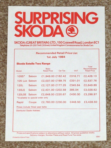 1984 skoda price list rapid - skoda,