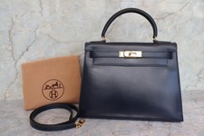 HERMES Kelly 28 Box Calf Hand Bag Navy Circle U (1991)