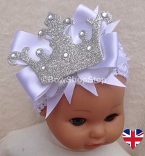 Headband White Christening Newborn Baby Crown Diamante Hair Bow Photo Prop UK