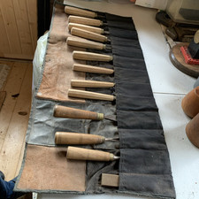 12 Vintage Wood Carving Chisels Plus Small Oilstone in Carrying Belt