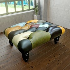 Queen Anne Chesterfield Leather Patchwork Foot Stool, Harlequin Footstool 