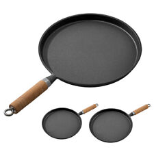 Cast Iron Grill Pan Round Skillet Frying Griddle Cookware Detachable Wood Handle