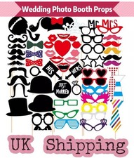 58 Pcs Wedding Photo Booth Props Party Fun Accessories With Wooden Sticks UK