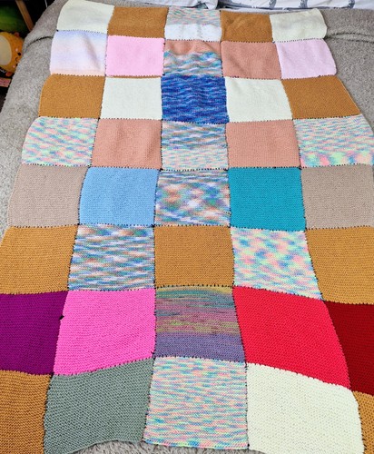 Hand knitted patchwork blanket - hand,