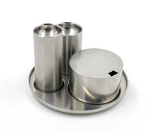 RARE STELTON DENMARK MCM STAINLESS STEEL CYLINDA LINE CRUET SET BY ARNE JACOBSEN