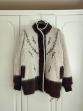 AFFECTIONS Vintage Angora Beaded / Embroidered Cardigan Jacket Taupe & Cream