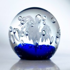 Large Glass Paperweight, Clear Controlled Bubbles, (Bullicante)  Blue, White.