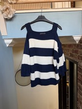 M&S Womens White and Navy Striped Knit Off the Shoulder Jumper Sweater L 12-14