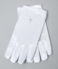 Girls White Satin Gloves with Rhinestone Cross for Communion & Weddings