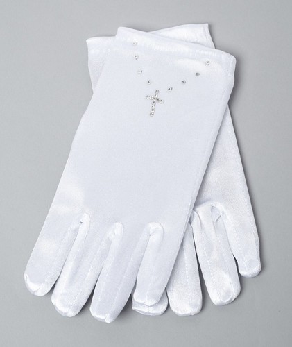 Girls white satin gloves - satin, with