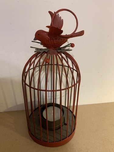 Red hanging metal birdcage - hanging,