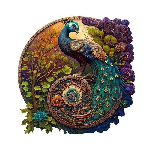 Peacock round wooden - wooden, jigsaw