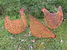 Set 3 Rusty Hen Metal Garden Stake Decoration Chicken Grass Plant Bed Ornament