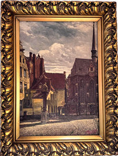 Very large antique  oil painting  Dutch Street scene framed signed