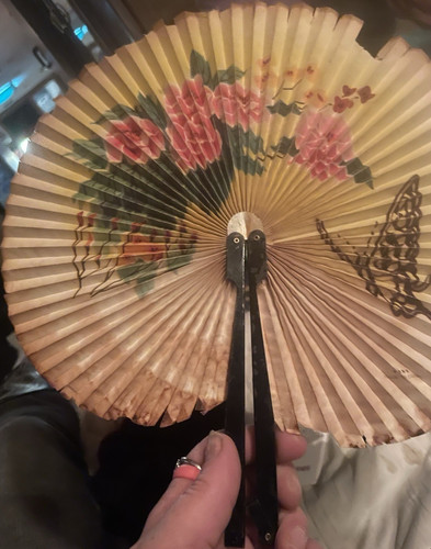 Vintage folding paper hand fan - paper,