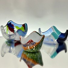 Set of 3 Signed 'Flip' Artisan Fused Glass Bowls, Colourful Trinket Dishes