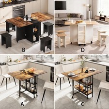 Folding Kitchen Table Mobile Rustic Retro Wooden Dining Table and 4 Stools Set
