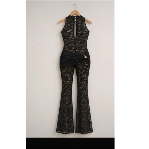 Black lace sleeveless flared - lace,