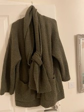 SALE~ £9~ Khaki Chunky Long Knit Cardi/Coat with Matching Scarf & Pockets Size M