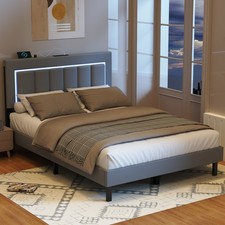 3ft/4ft6/5ft Bed Frame Upholstered Platform with LED Light /Charging Socket UK