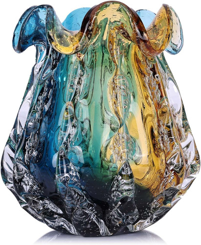 Turquoise glass vase - glass, hand