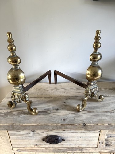 Antique brass fire - fire, dogs