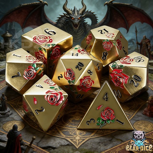 Gold red rose metal dnd - metal, dice