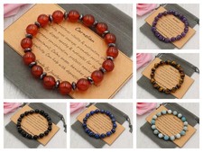GEMSTONE BRACELETS 8MM Handmade Crystal Healing Chakra Velvet Pouch & Card.