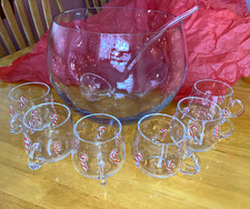 Artland Candy Cane Punch Bowl Set with 6 Cups matching Ladle hand blown Complete