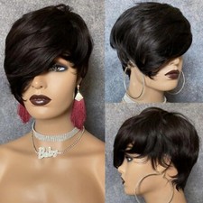 Short Black Pixie Cut Real Human Hair Wigs with Long Side Bangs None Lace Wigs