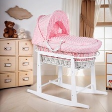 Luxury Moses Basket Padded Wicker Baby Full Set Rocking Stand White Handle/Pink