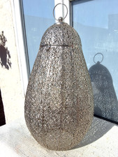 LARGE SILVER METAL FILIGREE DESIGN CANDLE LANTERN CANDLE HOLDER