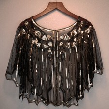 ❤️Vintage Gold Women 1920s Shawl Wraps Sequin Evening Cape Bridal Bolero Flapper